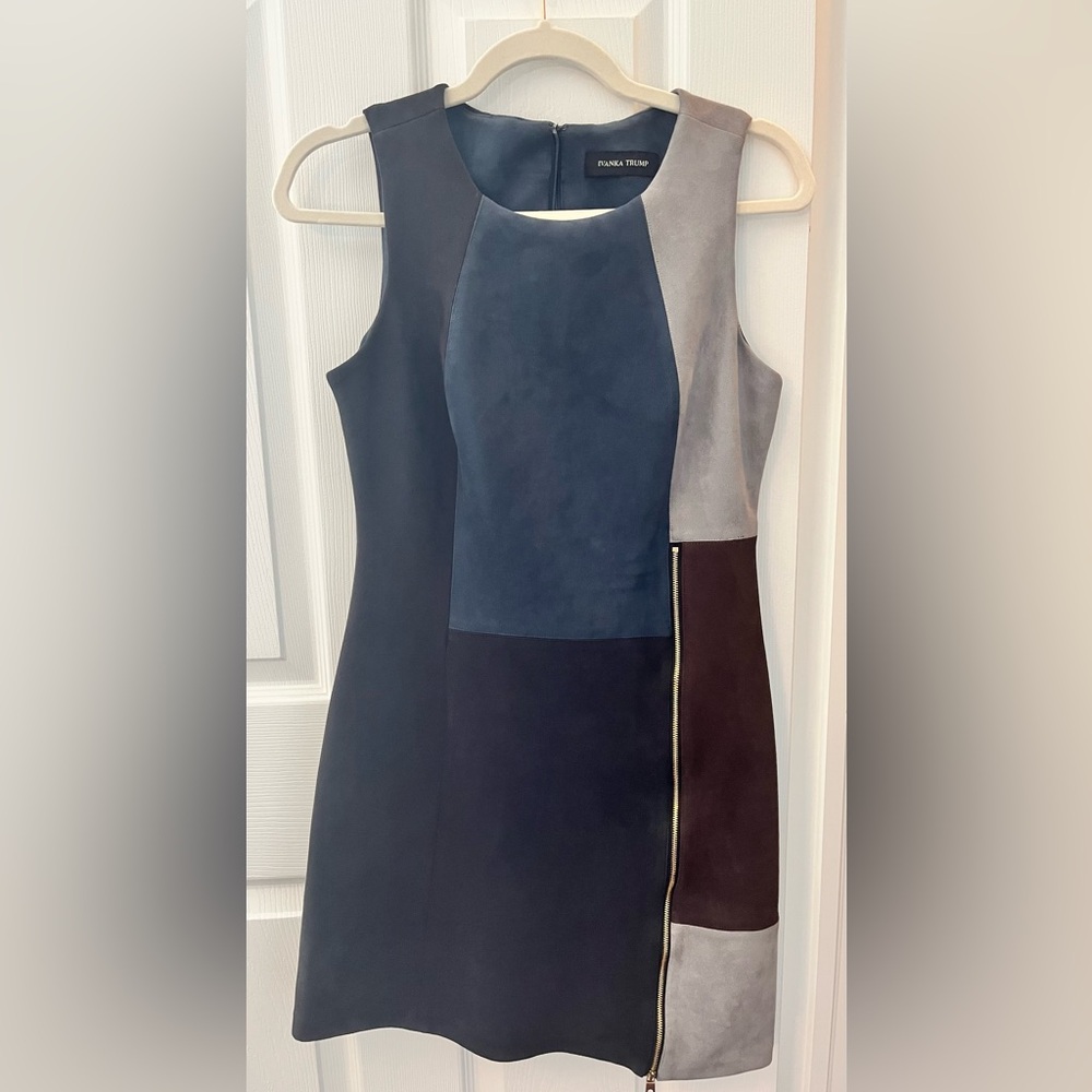 Ivanka Trump Colorblock Suede Mini Dress in Navy, Gray, and Brown